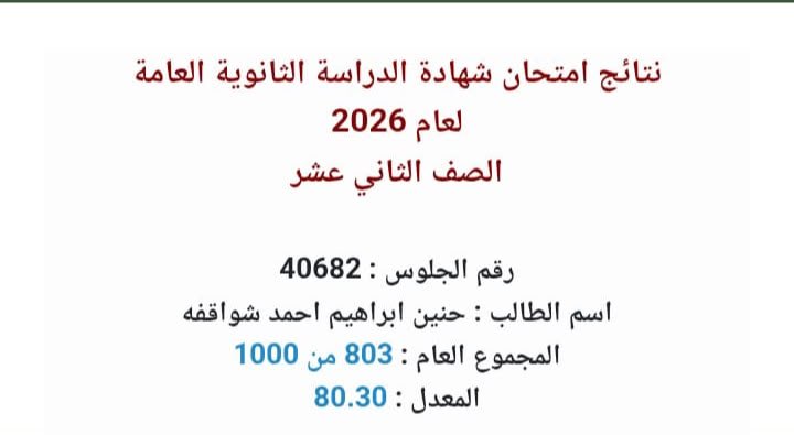حنين إبراهيم الشواقفة تحصد 80.30% في الثانوية العامة..