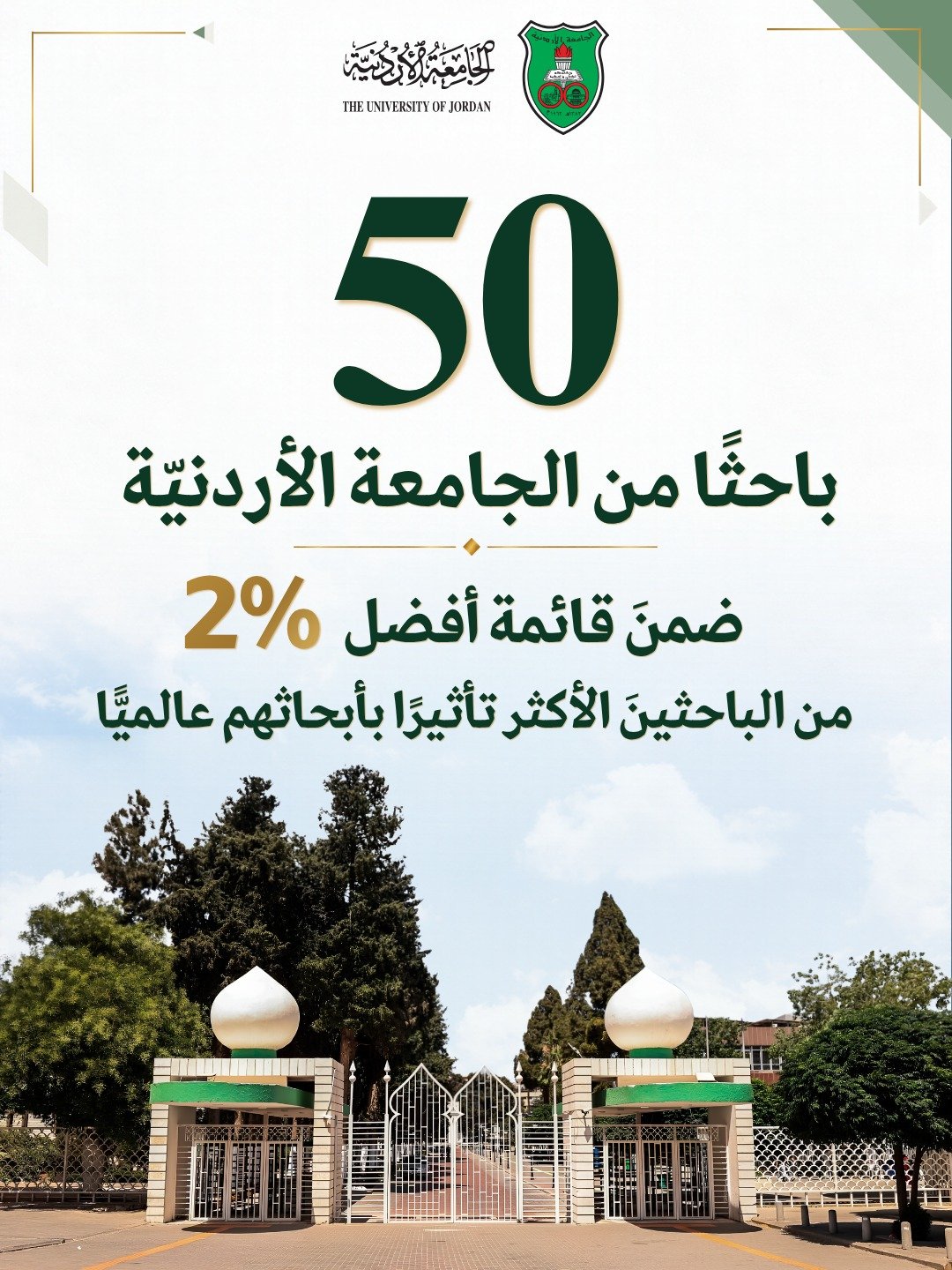 50 باحثًا من الجامعة الأردنية ضمن قائمة أفضل 2% من الباحثين الأكثر تأثيرًا بأبحاثهم عالميًا